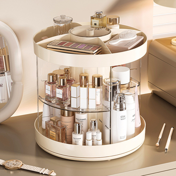 Deju козметична кутия за съхранение - настолна въртяща се полка, пластмасов материал, прозрачен съд за съхранение, организатор за червила и четки
