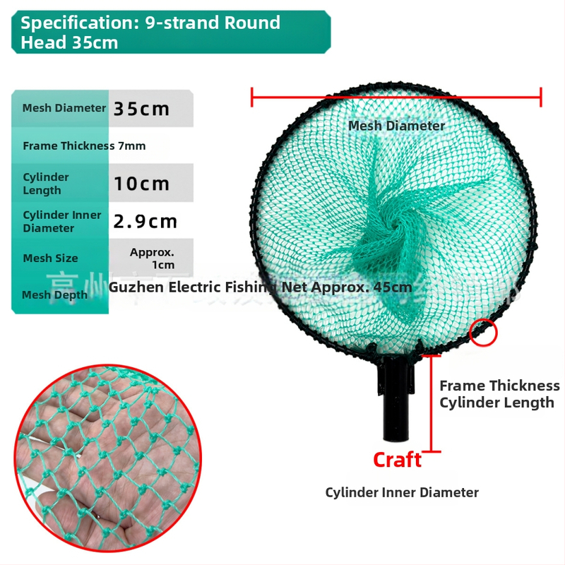 Глава на риболовна мрежа със спрей-покритие, твърда конструкция, интегриран пръстен и ръчно тъкана мрежеста торба