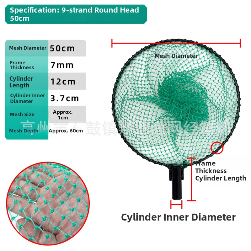 Глава на риболовна мрежа със спрей-покритие, твърда конструкция, интегриран пръстен и ръчно тъкана мрежеста торба