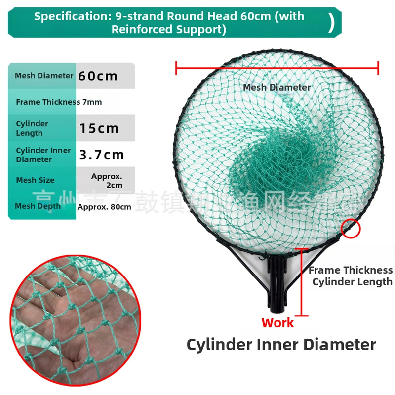Глава на риболовна мрежа със спрей-покритие, твърда конструкция, интегриран пръстен и ръчно тъкана мрежеста торба