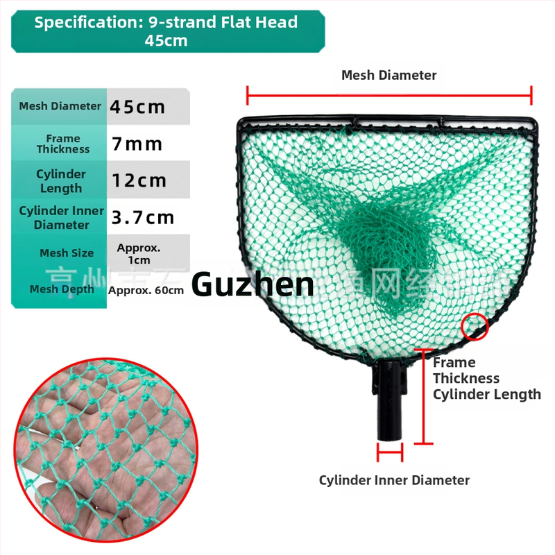 Глава на риболовна мрежа със спрей-покритие, твърда конструкция, интегриран пръстен и ръчно тъкана мрежеста торба