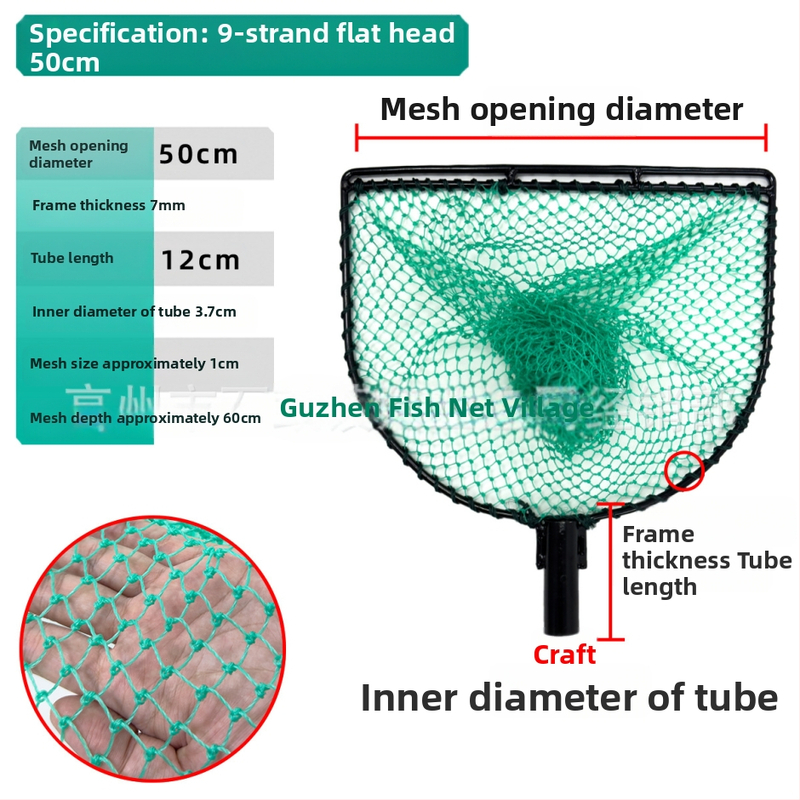 Глава на риболовна мрежа със спрей-покритие, твърда конструкция, интегриран пръстен и ръчно тъкана мрежеста торба