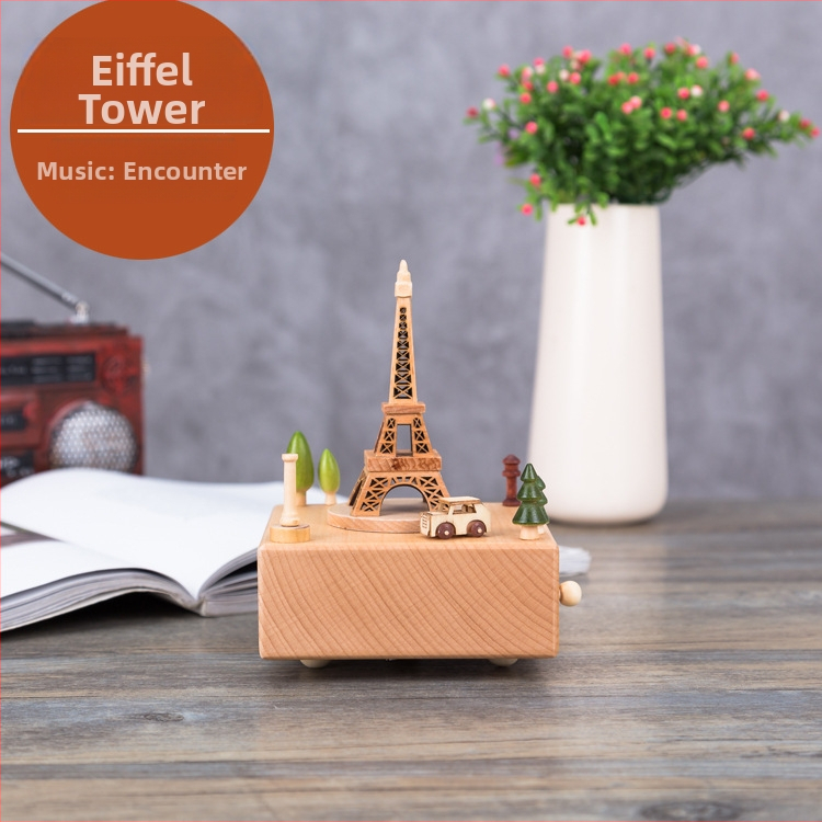 Drevená hudobná skrinka, bukové drevo, polo ručná výroba, dizajn Parížskej veže, domáce dekorácie, darček na svadbu a narodeniny