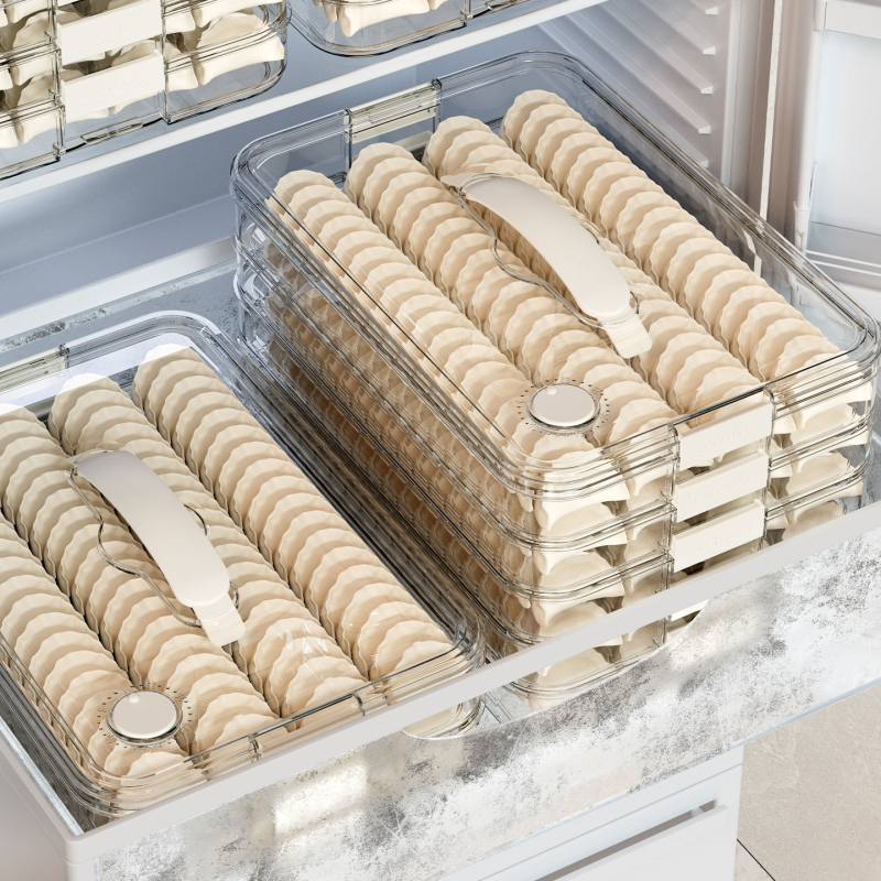 Többszintes dumpling-tároló a fagyasztóba, anyaga: élelmiszer-minőségű műanyag, stílus: könnyű lux, jogosult magánmárka, időzítővel