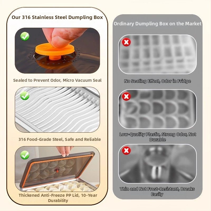 Rozsdamentes acél gyoza fagyasztó doboz – élelmiszerbiztonság, egyszerű stílus, felhatalmazott magánmárka