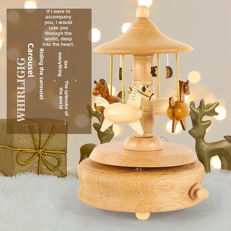 Drevená hudobná škatuľka pre deti, ručne vyrobená, moderný minimalistický štýl, možnosť potlače loga, karusel s tancujúcou dievčaťom.