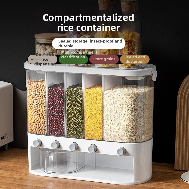 Δοχείο αποθήκευσης ρυζιού με πέντε διαμερίσματα, διαφανές, ανθεκτικό στην υγρασία και προστασία εντόμων, από PP πλαστικό, χωρητικότητα 10 L ή περισσότερο