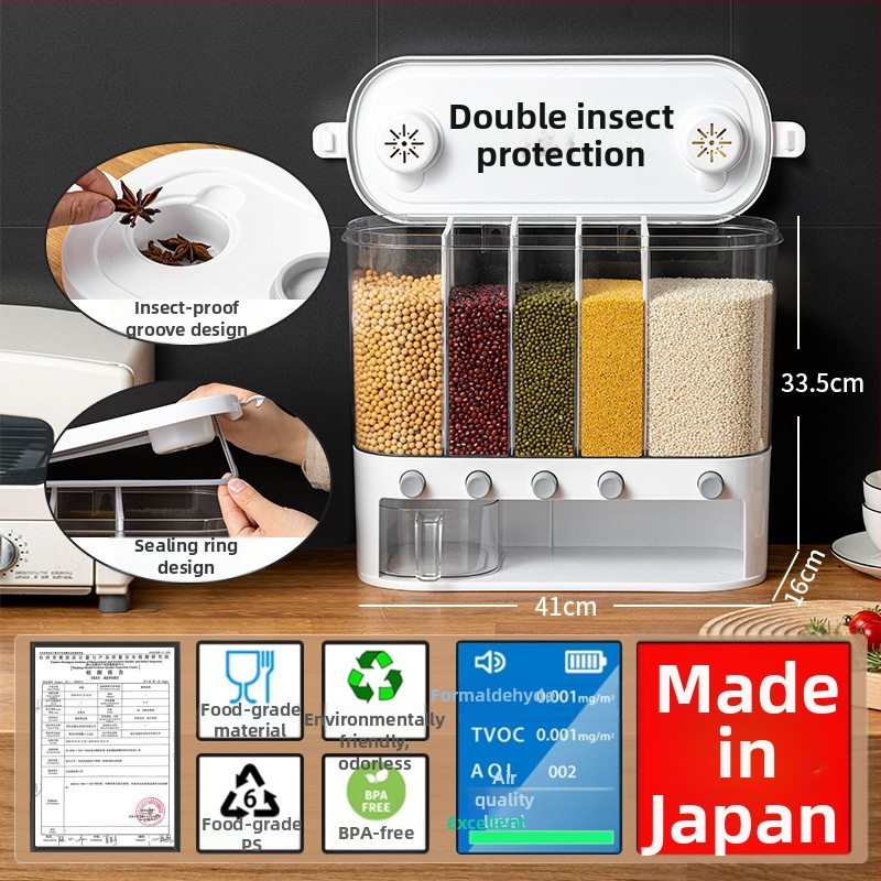 Δοχείο αποθήκευσης ρυζιού με πέντε διαμερίσματα, διαφανές, ανθεκτικό στην υγρασία και προστασία εντόμων, από PP πλαστικό, χωρητικότητα 10 L ή περισσότερο