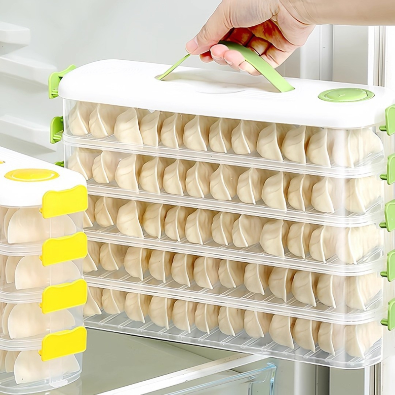 Домашна многоетажна кутия за съхранение на пелмени, хранителен клас, за хладилник, запечатана с капак; материали: корпус PP, капак PP, дръжка PE