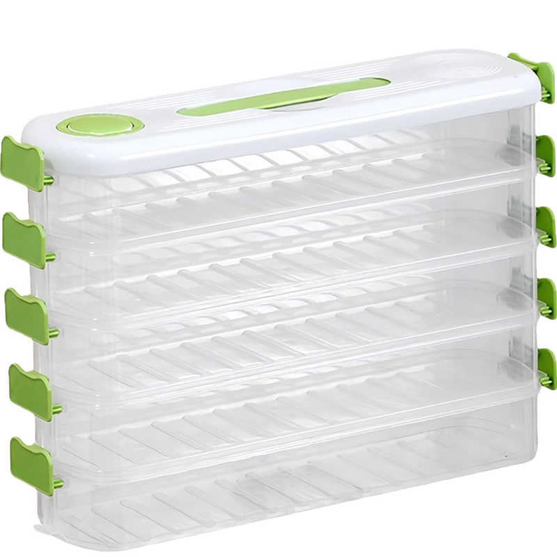 Домашна многоетажна кутия за съхранение на пелмени, хранителен клас, за хладилник, запечатана с капак; материали: корпус PP, капак PP, дръжка PE