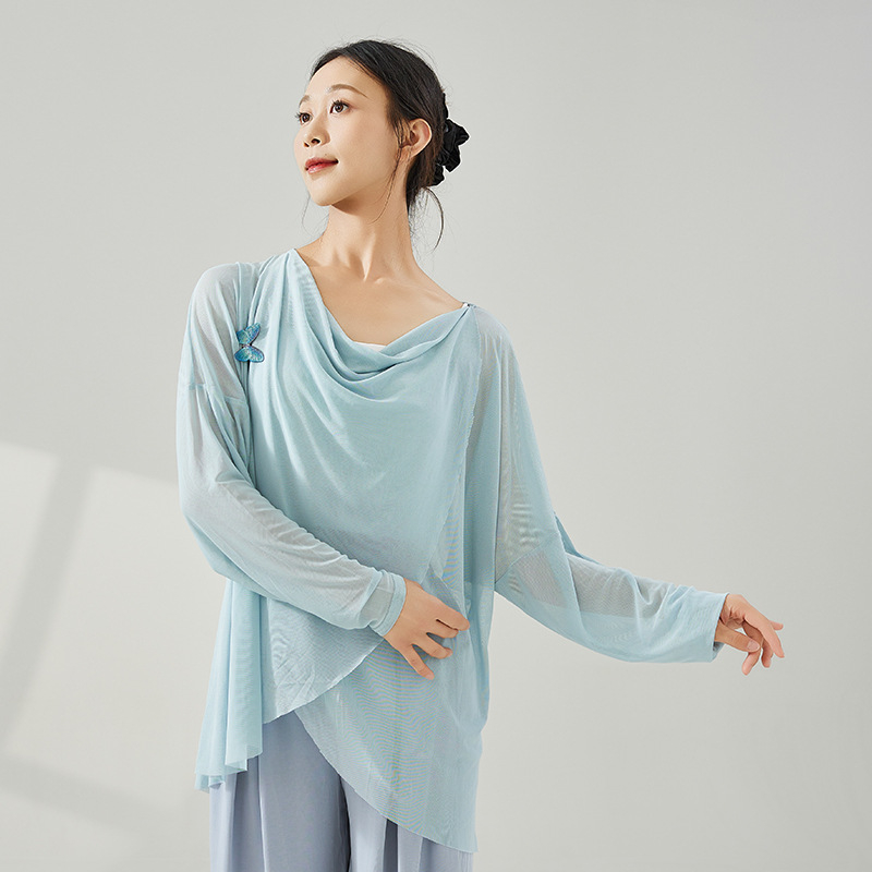 Γυναικείο τοπ για σύγχρονο χορό – μακρύ μανίκι, ελαστικό δίχτυ, διαμόρφωση σώματος, πολυεστέρας 92% / σπάντεξ 8% επένδυση