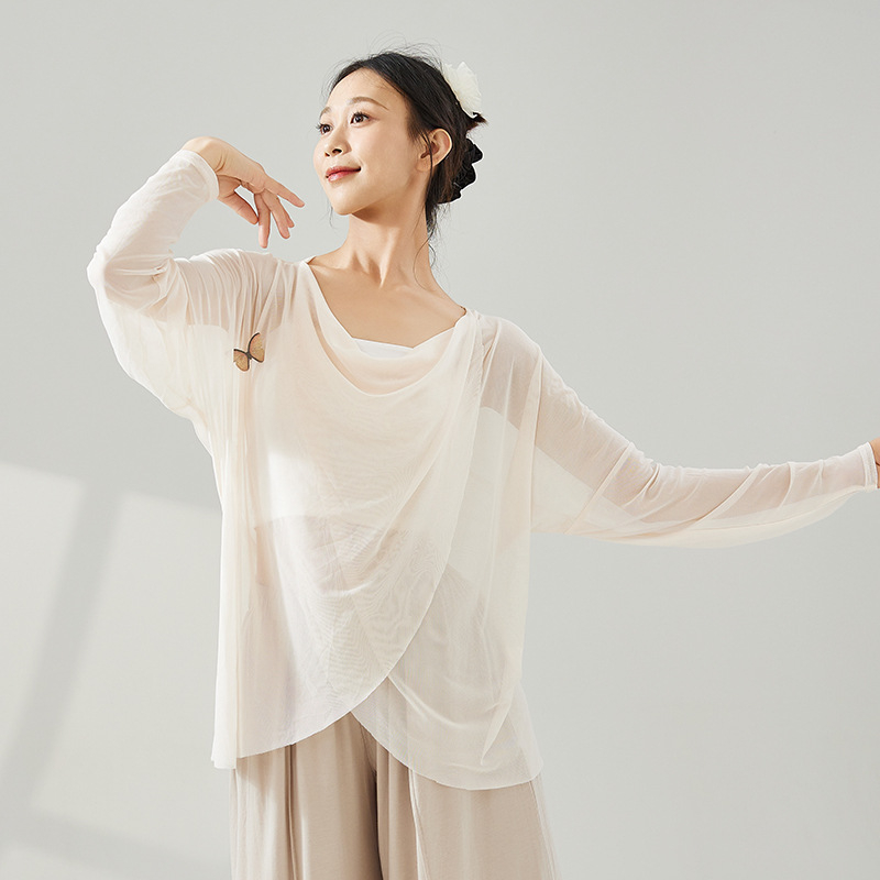 Γυναικείο τοπ για σύγχρονο χορό – μακρύ μανίκι, ελαστικό δίχτυ, διαμόρφωση σώματος, πολυεστέρας 92% / σπάντεξ 8% επένδυση