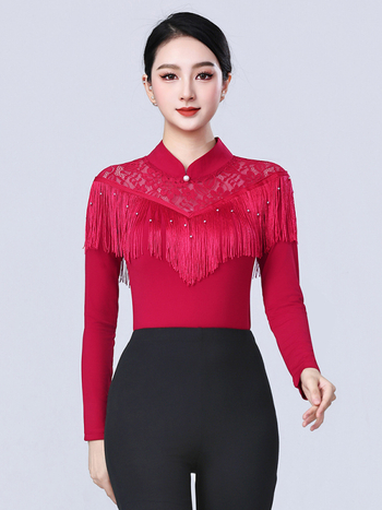 Γυναικείο τοπ LATIN χορού με φούντες – για μοντέρνους, στάνταρντ και ballroom χορούς – μακρύ μανίκι, πολυεστέρας 90%