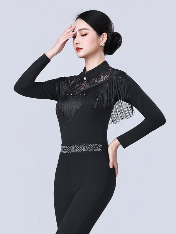 Γυναικείο τοπ LATIN χορού με φούντες – για μοντέρνους, στάνταρντ και ballroom χορούς – μακρύ μανίκι, πολυεστέρας 90%