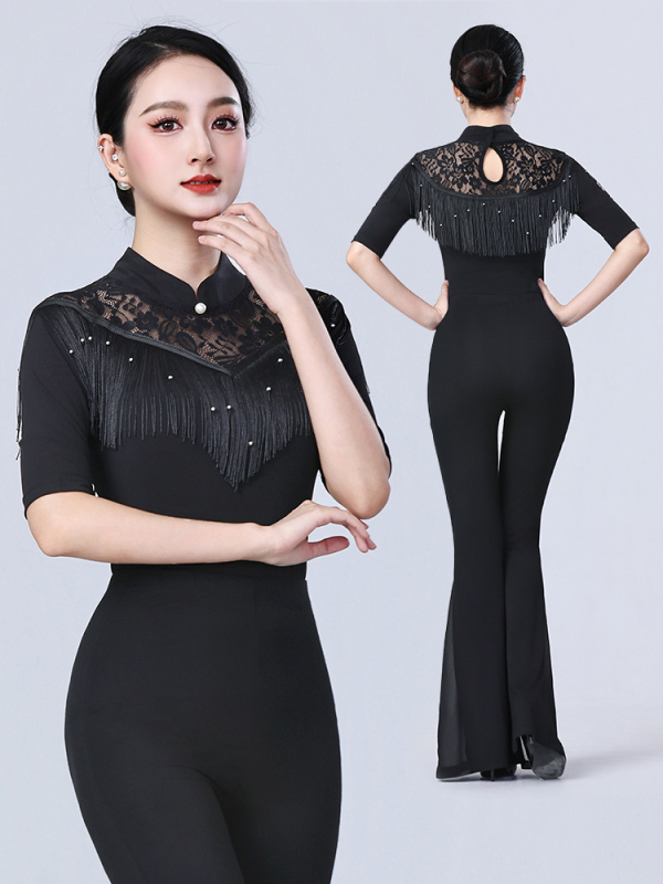 Γυναικείο τοπ LATIN χορού με φούντες – για μοντέρνους, στάνταρντ και ballroom χορούς – μακρύ μανίκι, πολυεστέρας 90%