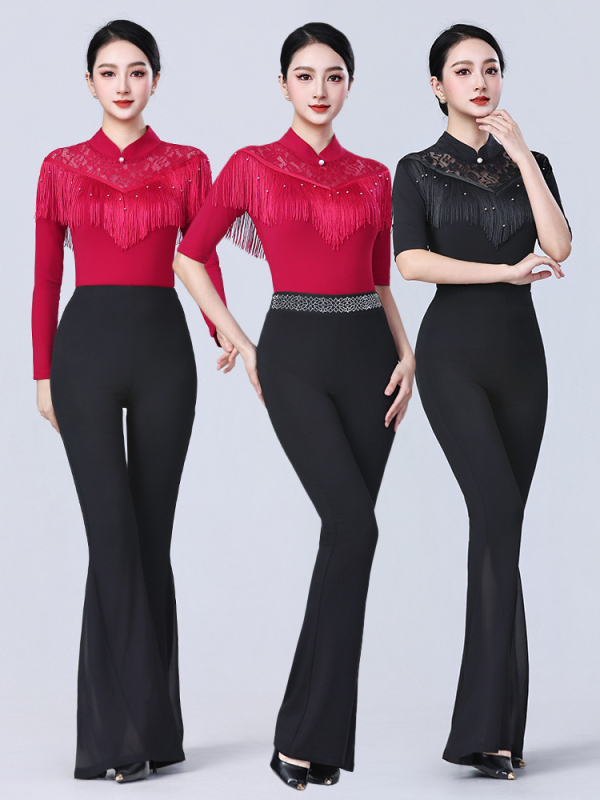 Γυναικείο τοπ LATIN χορού με φούντες – για μοντέρνους, στάνταρντ και ballroom χορούς – μακρύ μανίκι, πολυεστέρας 90%