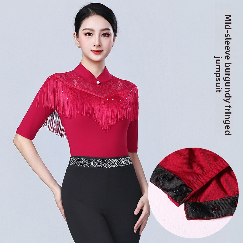 Γυναικείο τοπ LATIN χορού με φούντες – για μοντέρνους, στάνταρντ και ballroom χορούς – μακρύ μανίκι, πολυεστέρας 90%