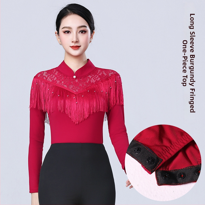 Γυναικείο τοπ LATIN χορού με φούντες – για μοντέρνους, στάνταρντ και ballroom χορούς – μακρύ μανίκι, πολυεστέρας 90%