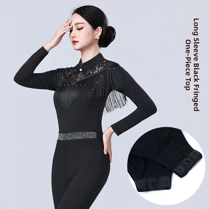 Γυναικείο τοπ LATIN χορού με φούντες – για μοντέρνους, στάνταρντ και ballroom χορούς – μακρύ μανίκι, πολυεστέρας 90%