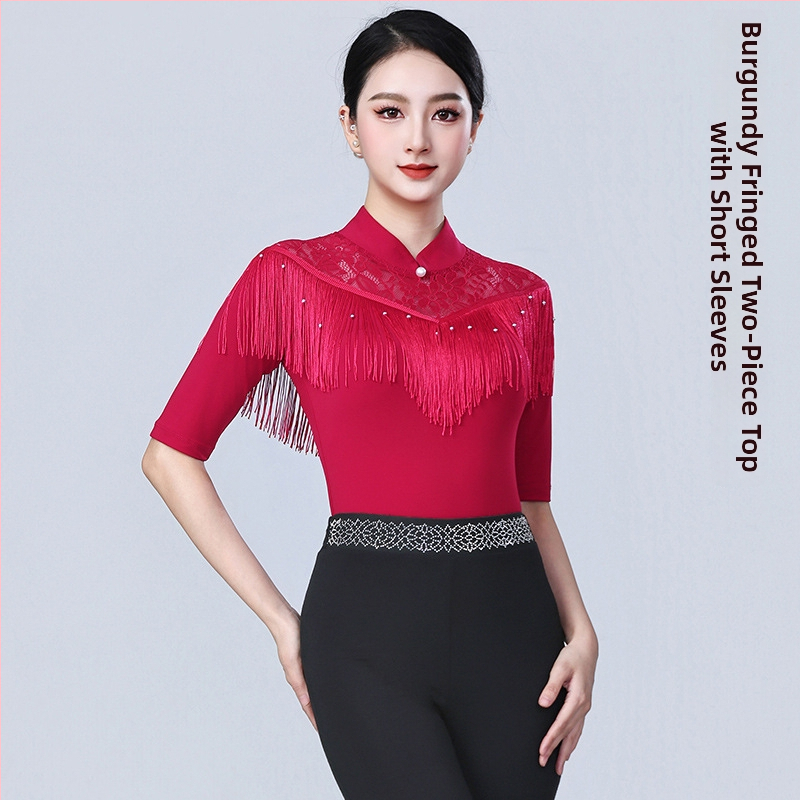 Γυναικείο τοπ LATIN χορού με φούντες – για μοντέρνους, στάνταρντ και ballroom χορούς – μακρύ μανίκι, πολυεστέρας 90%