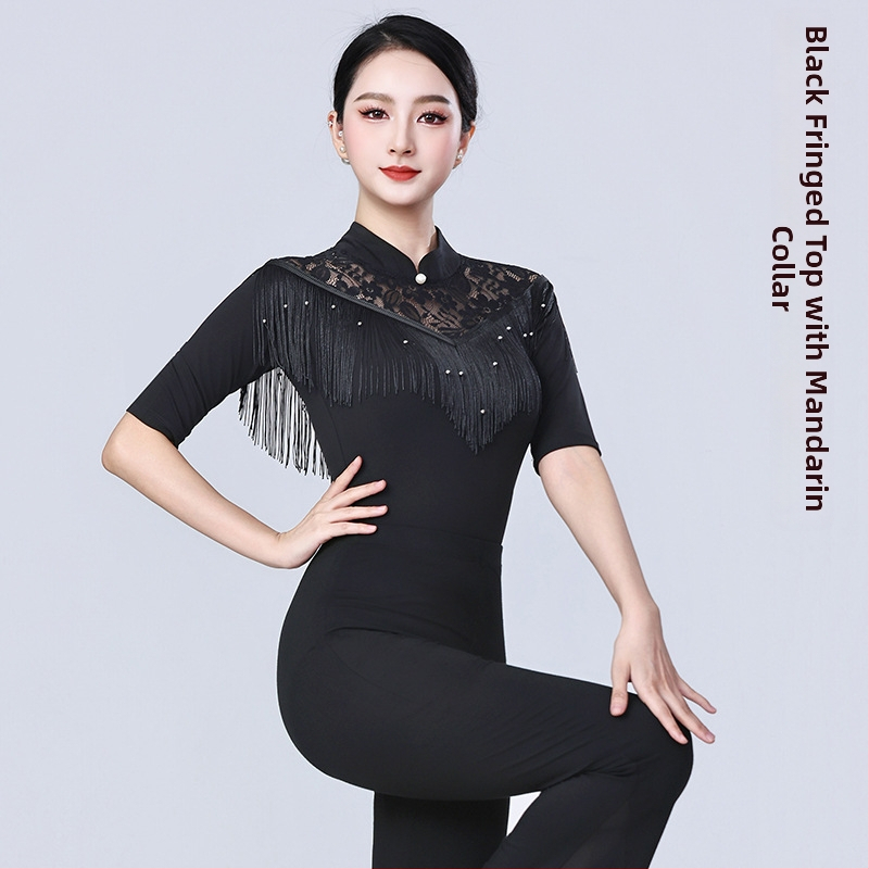 Γυναικείο τοπ LATIN χορού με φούντες – για μοντέρνους, στάνταρντ και ballroom χορούς – μακρύ μανίκι, πολυεστέρας 90%