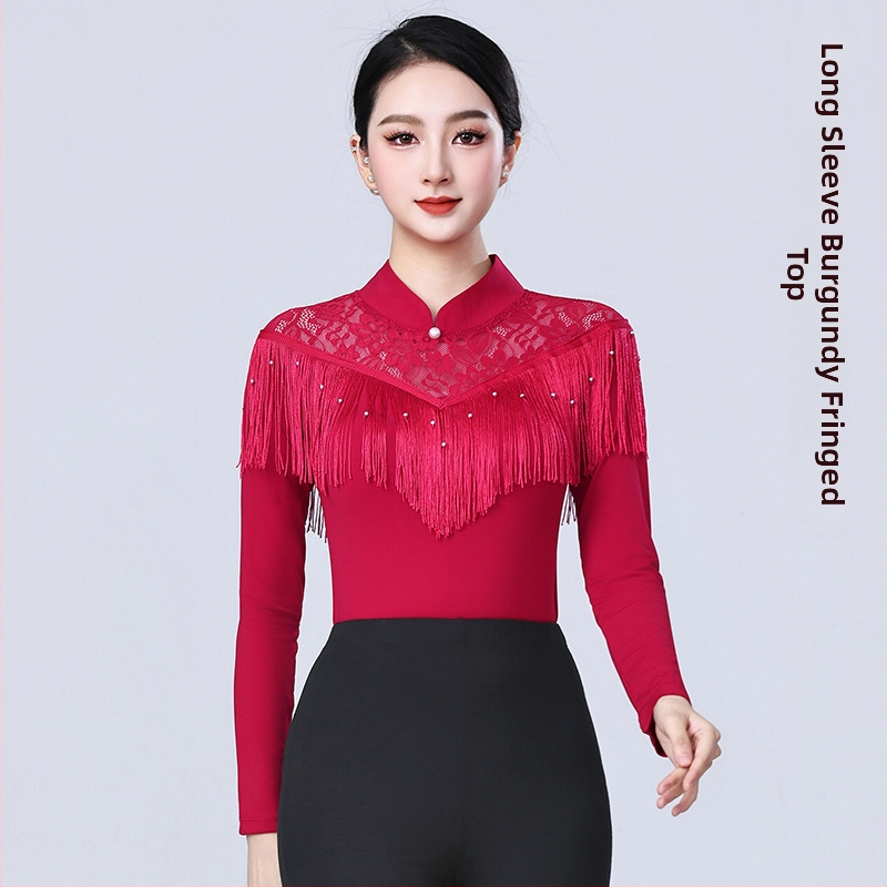 Γυναικείο τοπ LATIN χορού με φούντες – για μοντέρνους, στάνταρντ και ballroom χορούς – μακρύ μανίκι, πολυεστέρας 90%