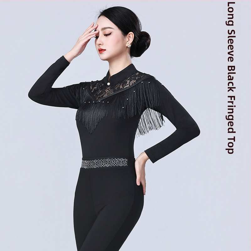 Γυναικείο τοπ LATIN χορού με φούντες – για μοντέρνους, στάνταρντ και ballroom χορούς – μακρύ μανίκι, πολυεστέρας 90%