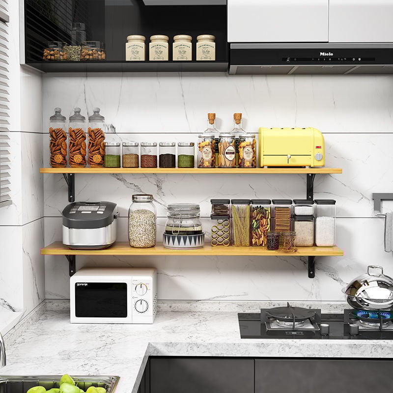 Raft de perete din lemn cu placă dreptunghiulară – 1 etaj, montaj prin șuruburi, pentru bucătărie, dormitor și sufragerie