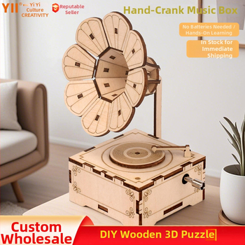 Drevený 3D puzzle hudobná skrinka s laserovým gravírovaním, prispôsobiteľná podľa výkresov