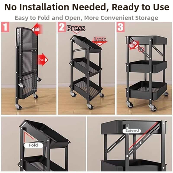 Trojposchodový skladací kovový regál do kuchyne, kúpeľne a obývačky – prenosný, viacúčelový vozík