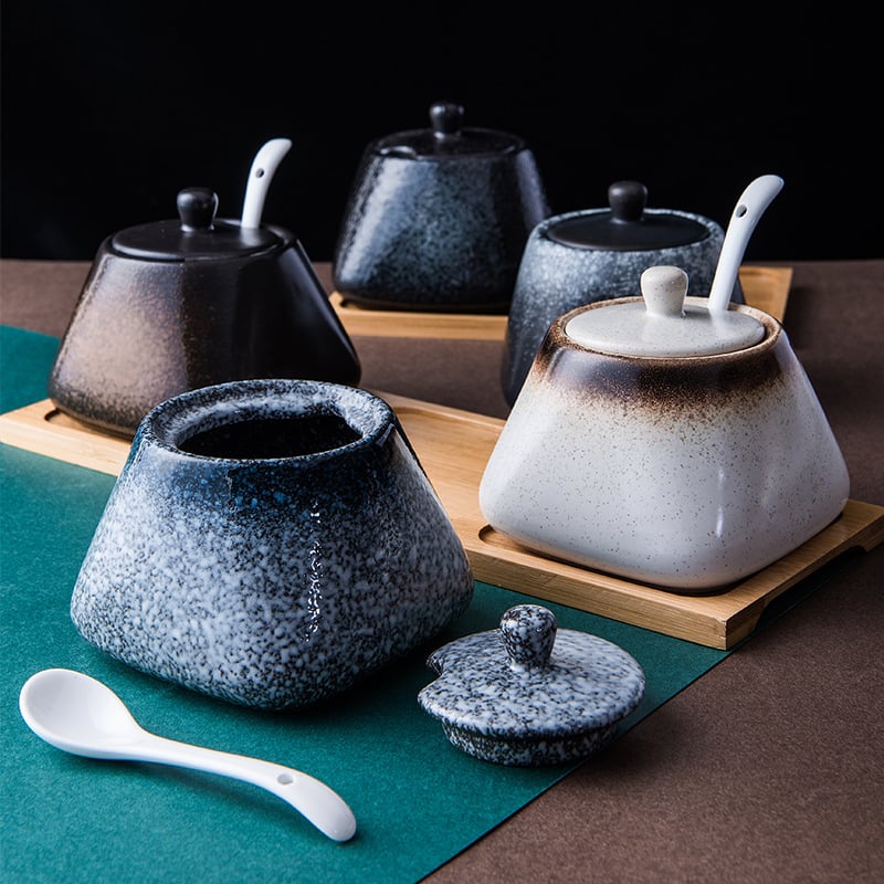 Porcelanski set posuda za začine s žličicama, prilagodljivi logo, četiri varijante: Lanyun, Mocha, Moxue, Chimu, japanski stil, Kawarashi season