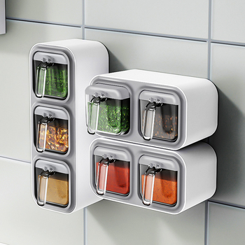 Beishan Set de condimente pentru bucătărie cu sticle din plastic pentru condimente solide și recipient de sare montat pe perete