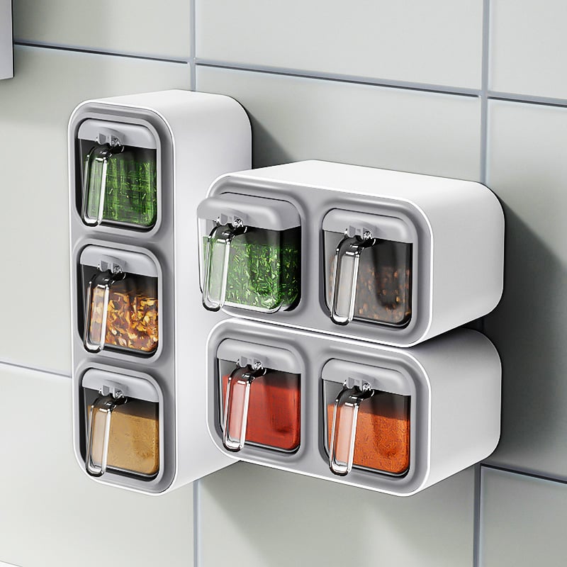 Beishan Set de condimente pentru bucătărie cu sticle din plastic pentru condimente solide și recipient de sare montat pe perete