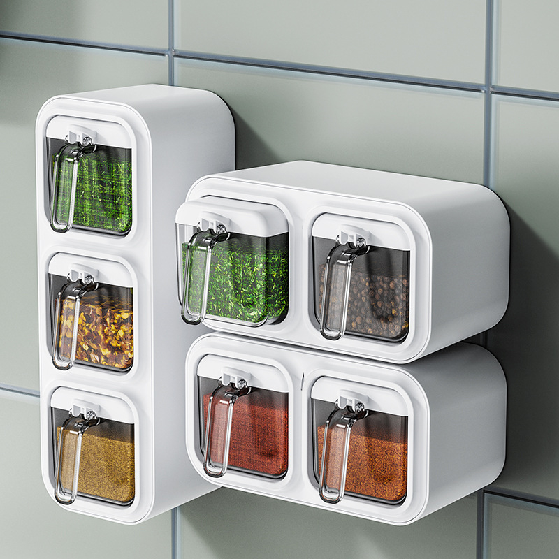 Beishan Set de condimente pentru bucătărie cu sticle din plastic pentru condimente solide și recipient de sare montat pe perete