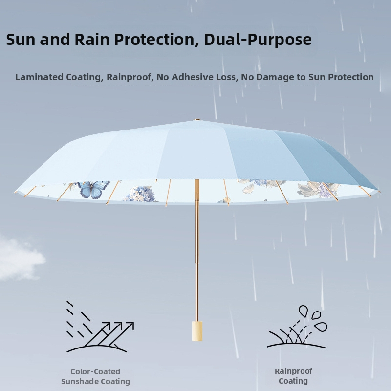 Ομπρέλα με 16 ακτίνες, τριών τμημάτων κατασκευή, για ήλιο και βροχή, ακτίνες από κράμα, σκληρή ξύλινη λαβή