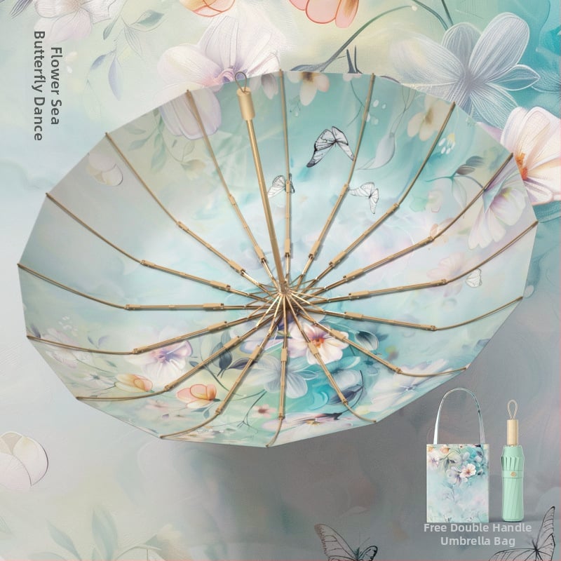 Ομπρέλα με 16 ακτίνες, τριών τμημάτων κατασκευή, για ήλιο και βροχή, ακτίνες από κράμα, σκληρή ξύλινη λαβή