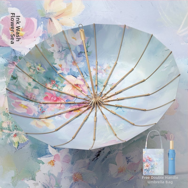 Ομπρέλα με 16 ακτίνες, τριών τμημάτων κατασκευή, για ήλιο και βροχή, ακτίνες από κράμα, σκληρή ξύλινη λαβή