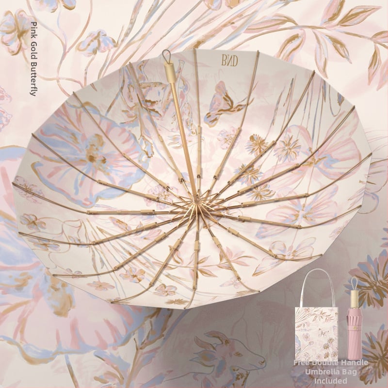 Ομπρέλα με 16 ακτίνες, τριών τμημάτων κατασκευή, για ήλιο και βροχή, ακτίνες από κράμα, σκληρή ξύλινη λαβή