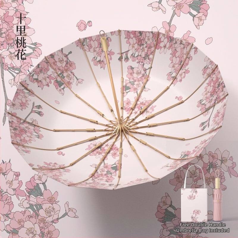 Ομπρέλα με 16 ακτίνες, τριών τμημάτων κατασκευή, για ήλιο και βροχή, ακτίνες από κράμα, σκληρή ξύλινη λαβή