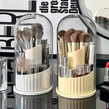 Прозрачен въртящ се козметичен органайзер, ABS материал, прахоустойчив, за четки, червила и сенки на бюро