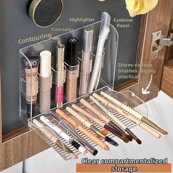 Nástenný zásobník na štetce na make-up a ceruzky na obočie, priehľadný, bez dier, PS materiál