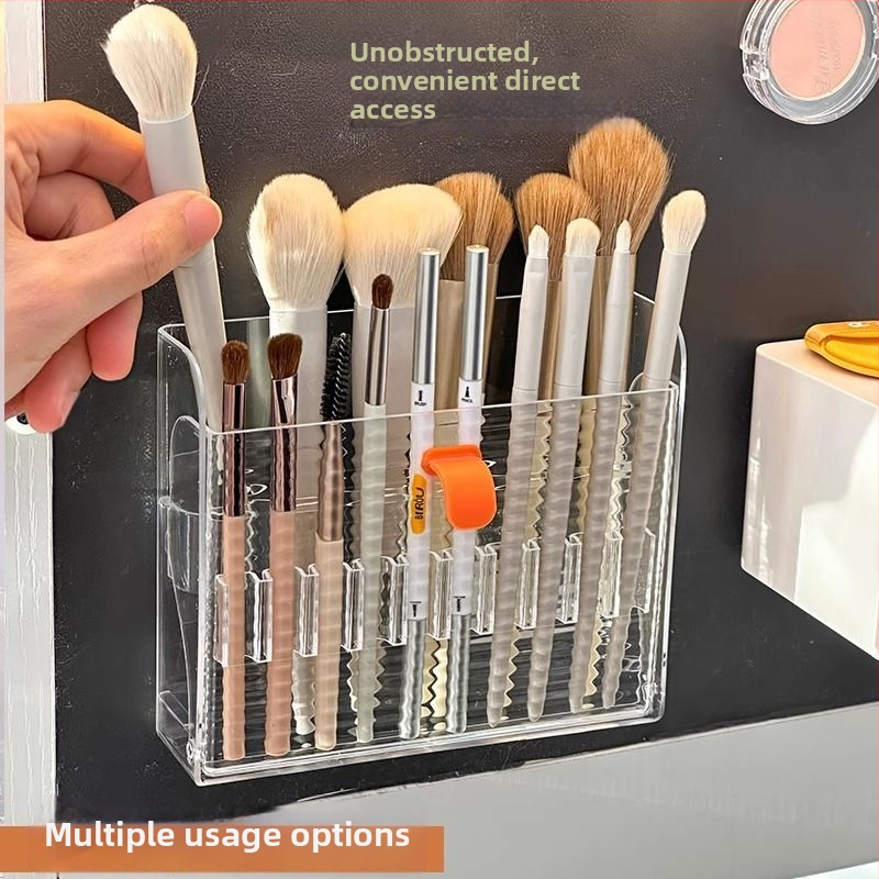 Nástenný zásobník na štetce na make-up a ceruzky na obočie, priehľadný, bez dier, PS materiál
