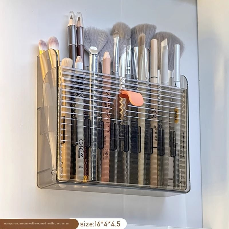 Nástenný zásobník na štetce na make-up a ceruzky na obočie, priehľadný, bez dier, PS materiál