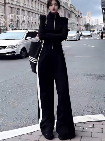 Ženski dvodjelni sportski set – jednobojan najlon-spandeks (50–70% najlon, <30% spandeks), dugi rukav, široke hlače, jesen 2025, korejski stil