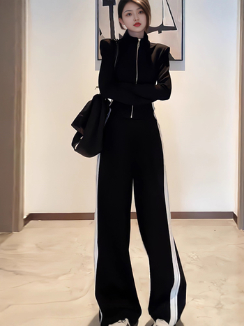 Ženski dvodjelni sportski set – jednobojan najlon-spandeks (50–70% najlon, <30% spandeks), dugi rukav, široke hlače, jesen 2025, korejski stil