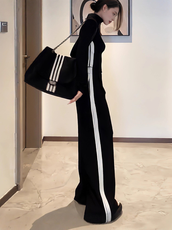 Ženski dvodjelni sportski set – jednobojan najlon-spandeks (50–70% najlon, <30% spandeks), dugi rukav, široke hlače, jesen 2025, korejski stil