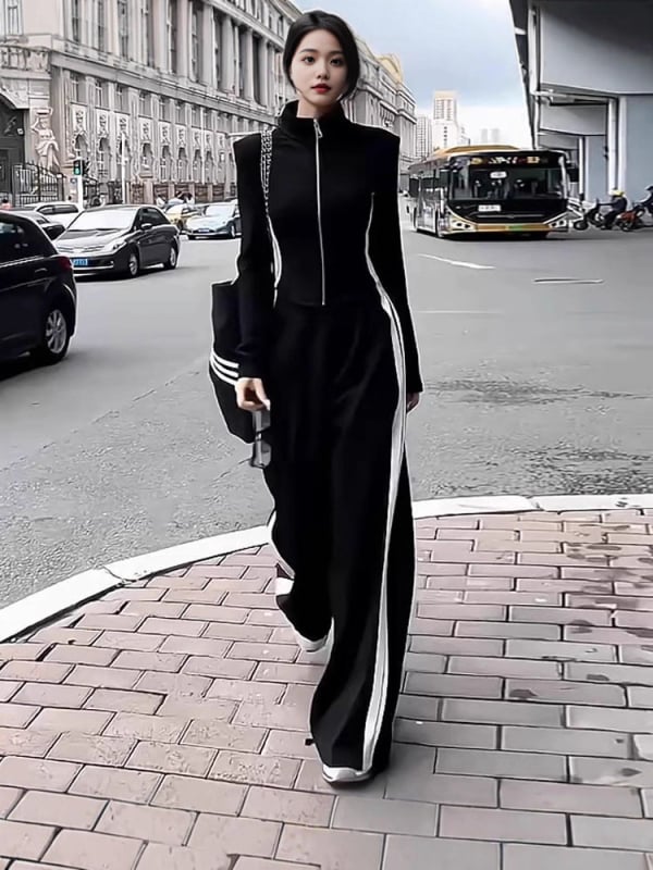 Ženski dvodjelni sportski set – jednobojan najlon-spandeks (50–70% najlon, <30% spandeks), dugi rukav, široke hlače, jesen 2025, korejski stil