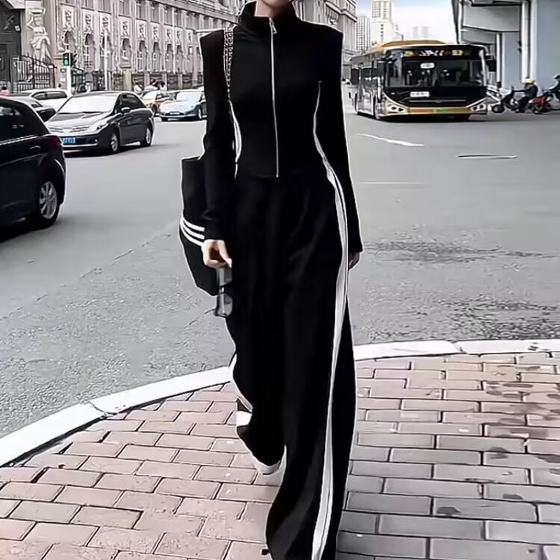 Ženski dvodjelni sportski set – jednobojan najlon-spandeks (50–70% najlon, <30% spandeks), dugi rukav, široke hlače, jesen 2025, korejski stil