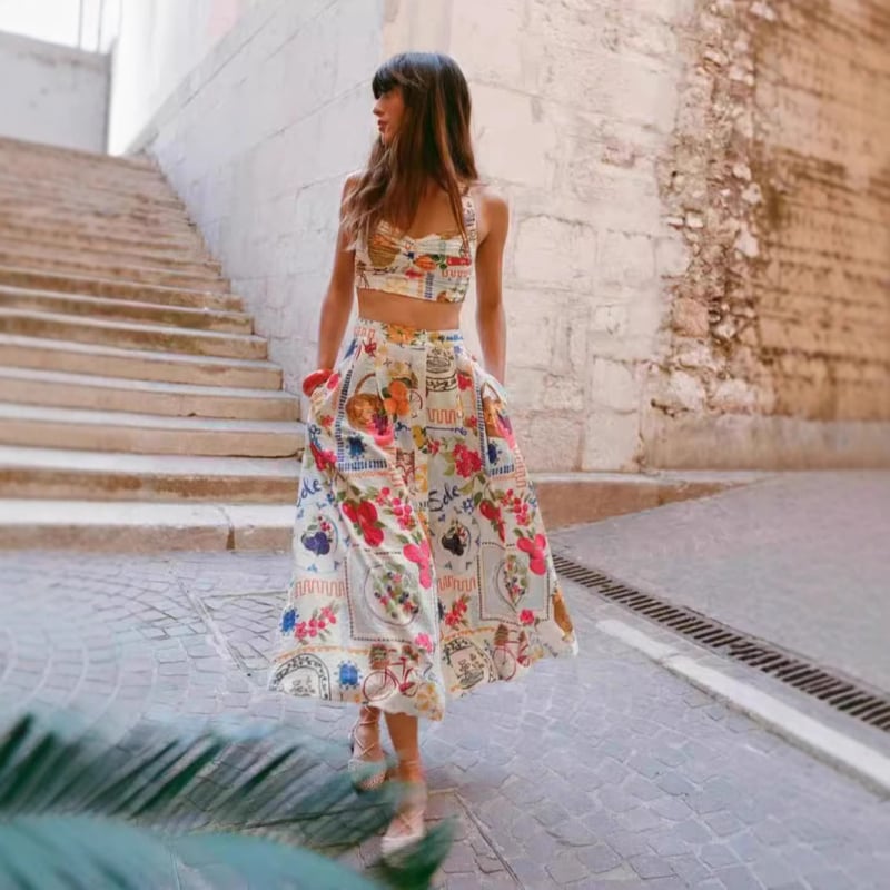 Ženski komplet bez rukava s vestom i suknjom s cvjetnim uzorkom, srednja duljina, tkanina pamuk-lin, mješavina flax-poliester, ljeto 2024