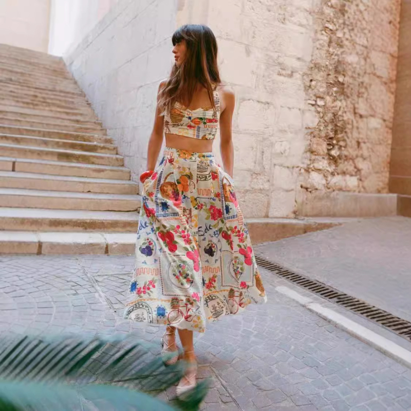 Ženski komplet bez rukava s vestom i suknjom s cvjetnim uzorkom, srednja duljina, tkanina pamuk-lin, mješavina flax-poliester, ljeto 2024